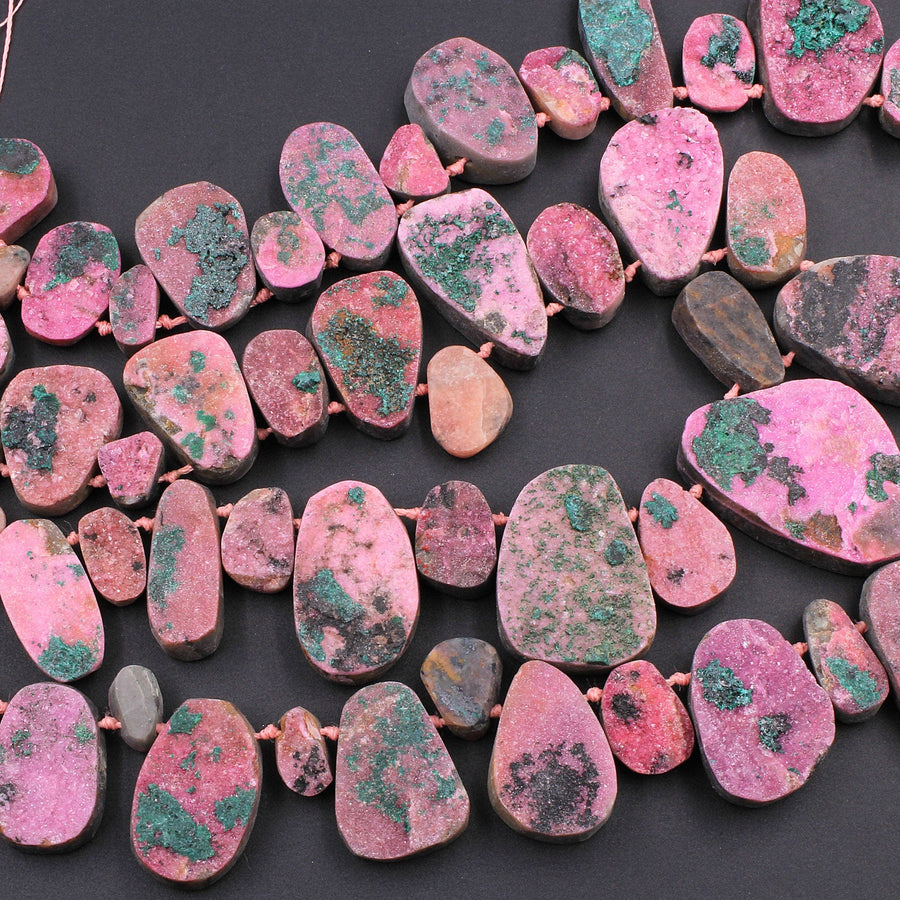 Natural Pink Cobalto Calcite Druzy Beads Green Malachite Crystal Side Drilled Teardrop Pendant 16" Strand