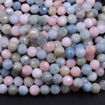 Micro Faceted Natural Blue Aquamarine Pink Morganite Round Beads 6mm 8mm 10mm 12mm 16" Strand