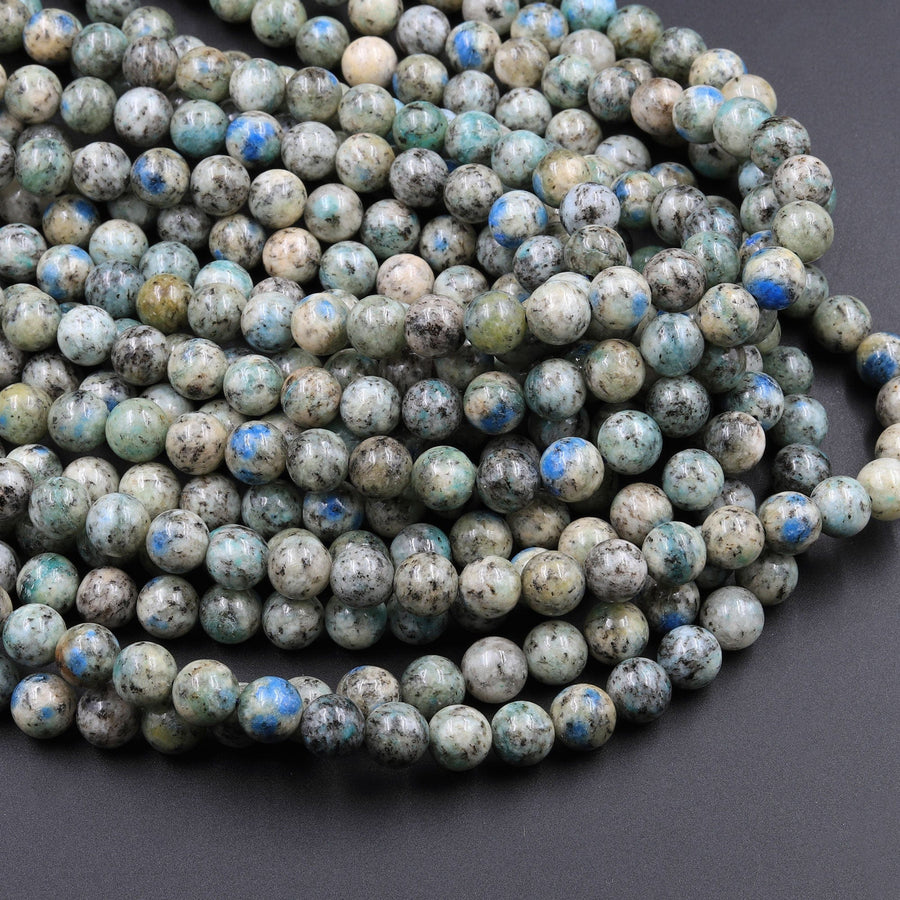 Genuine Natural Rare K2 Smooth Round Beads 6mm 8mm 10mm Blue Azurite in Quartz Granite from Pakistan Afghanistan 16" Strand
