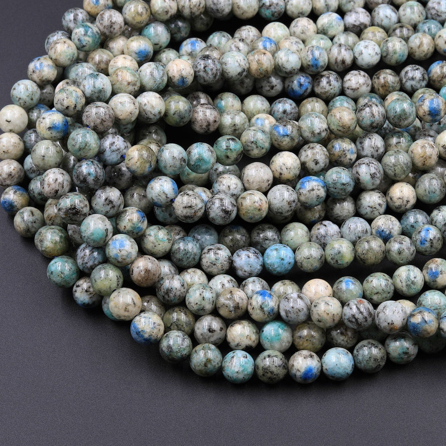 Genuine Natural Rare K2 Smooth Round Beads 6mm 8mm 10mm Blue Azurite in Quartz Granite from Pakistan Afghanistan 16" Strand