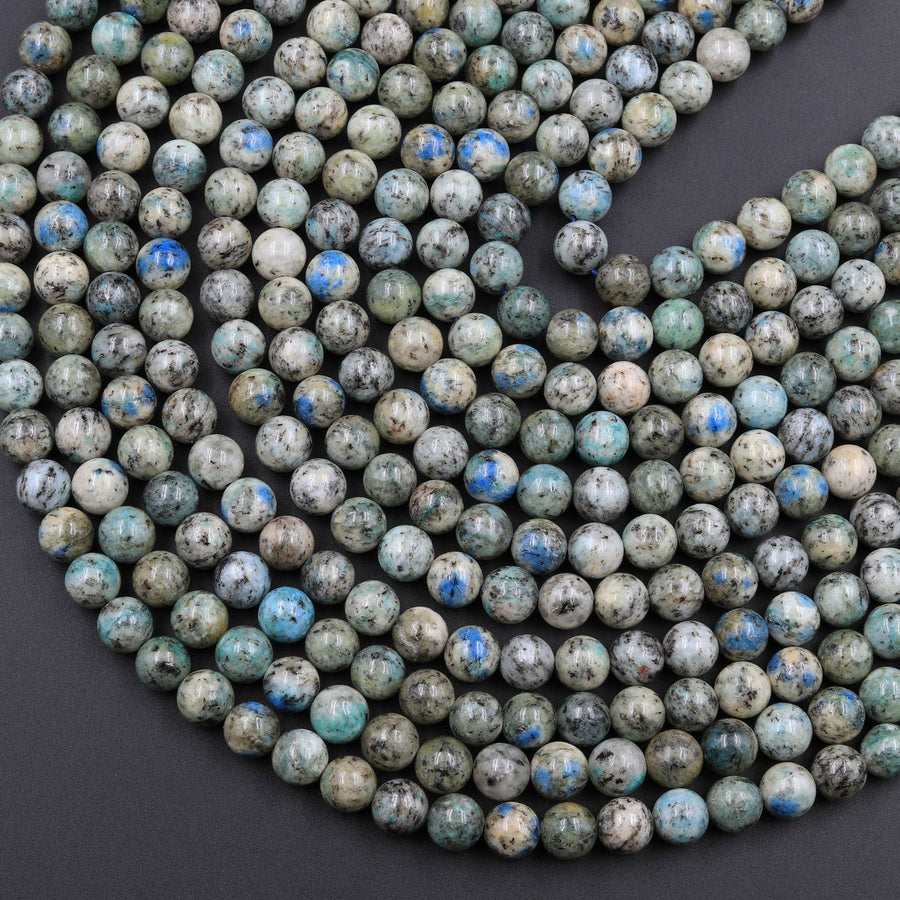 Genuine Natural Rare K2 Smooth Round Beads 6mm 8mm 10mm Blue Azurite in Quartz Granite from Pakistan Afghanistan 16" Strand