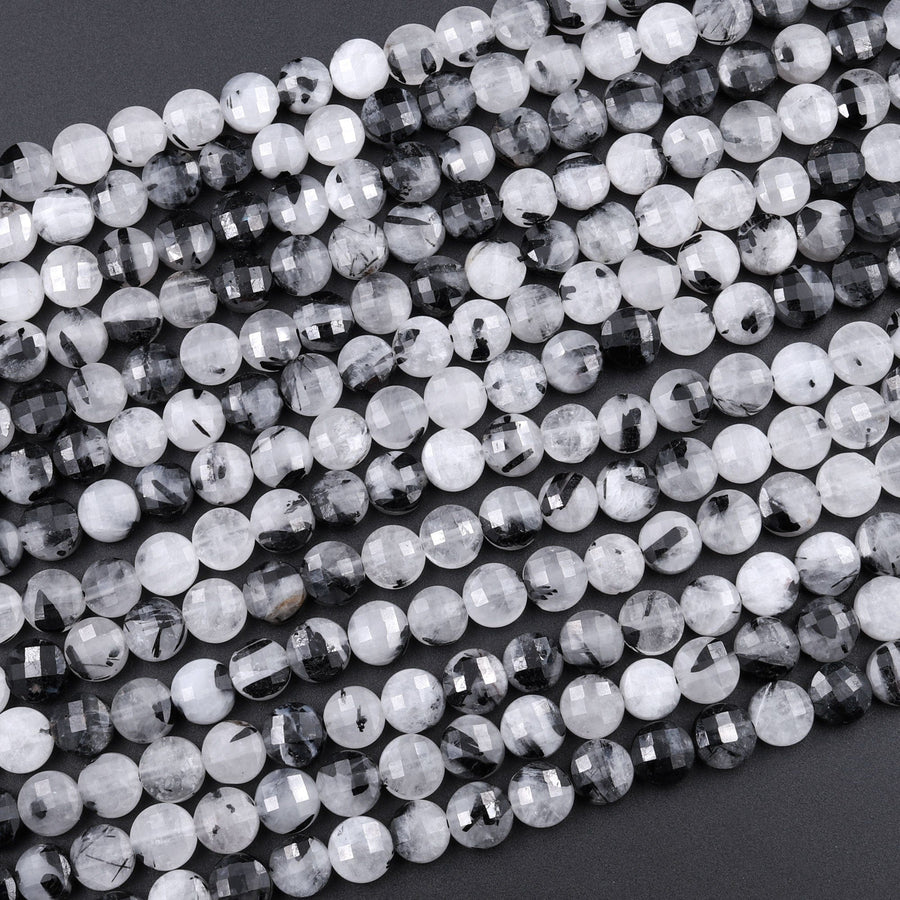 Faceted Black Tourmaline Rutilated Quartz Coin Beads 6mm 8mm 10mm 12mm 15.5" Strand