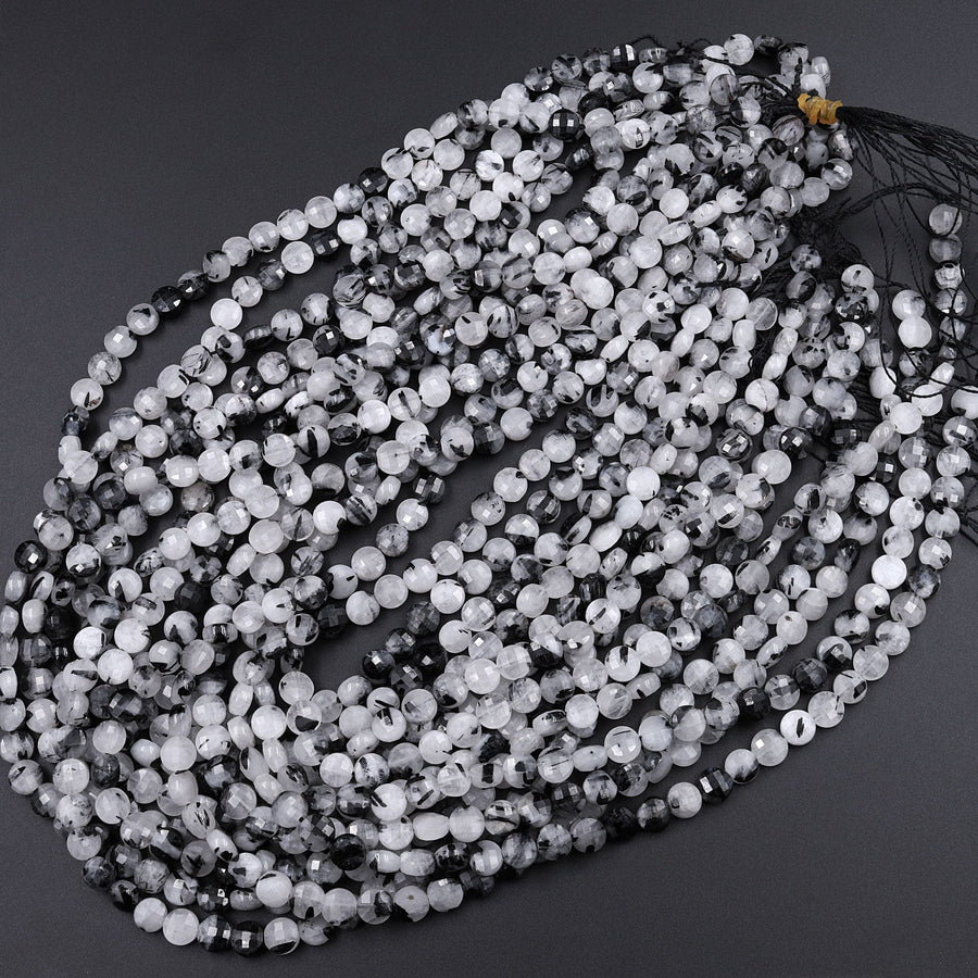 Faceted Black Tourmaline Rutilated Quartz Coin Beads 6mm 8mm 10mm 12mm 15.5" Strand