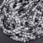 Faceted Black Tourmaline Rutilated Quartz Coin Beads 6mm 8mm 10mm 12mm 15.5" Strand