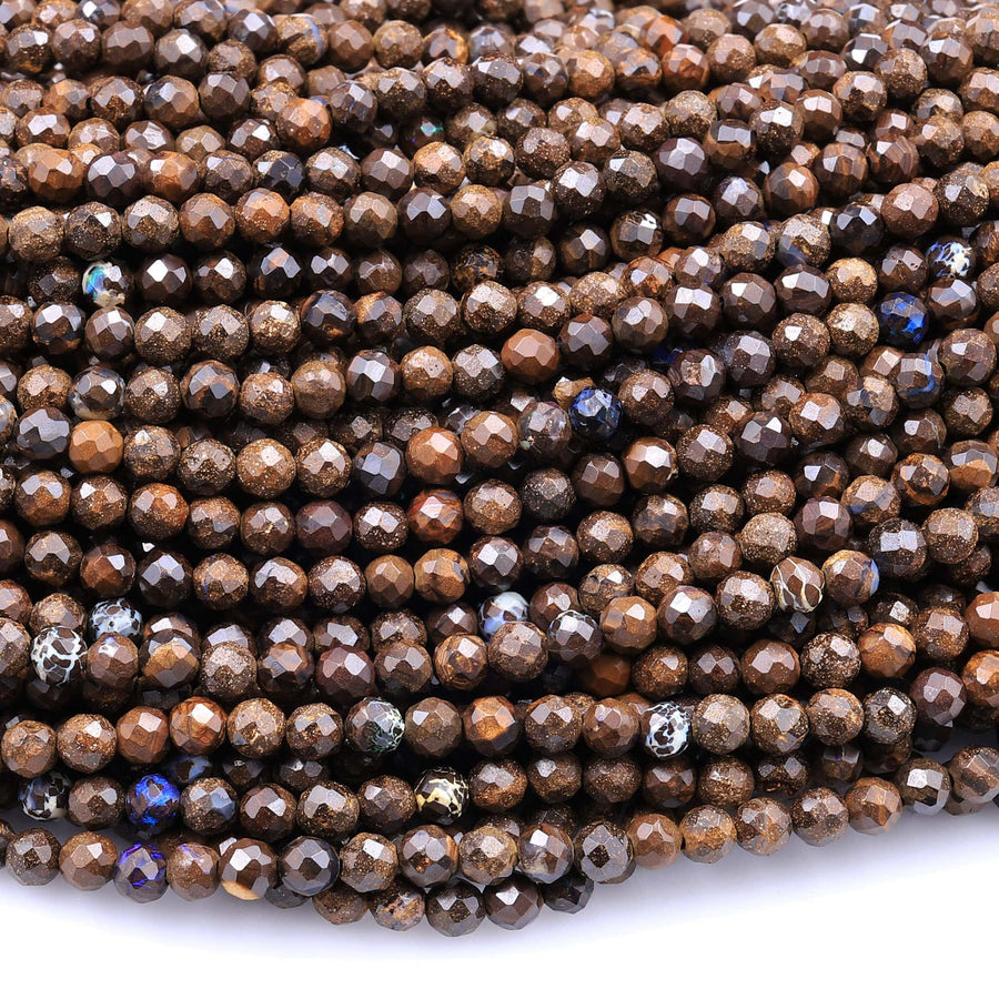 Natural Australian Boulder Opal Faceted 3mm 4mm Round Beads 16" Strand