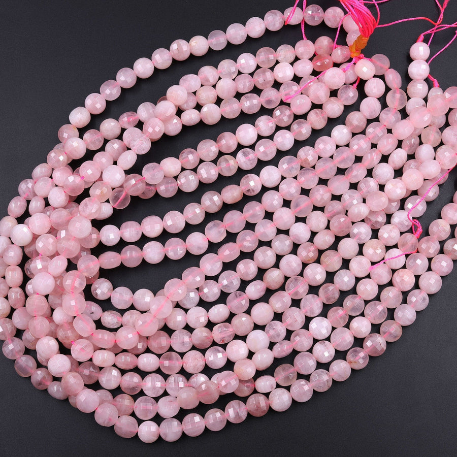 Faceted Madagascar Pink Rose Quartz 4mm 6mm 8mm 10mm Coin Beads Flat Disc Dazzling Facets Natural Gemstone 15.5" Strand