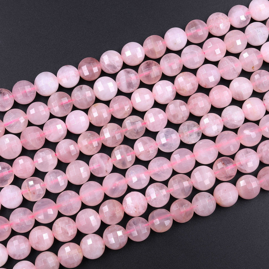 Faceted Madagascar Pink Rose Quartz 4mm 6mm 8mm 10mm Coin Beads Flat Disc Dazzling Facets Natural Gemstone 15.5" Strand