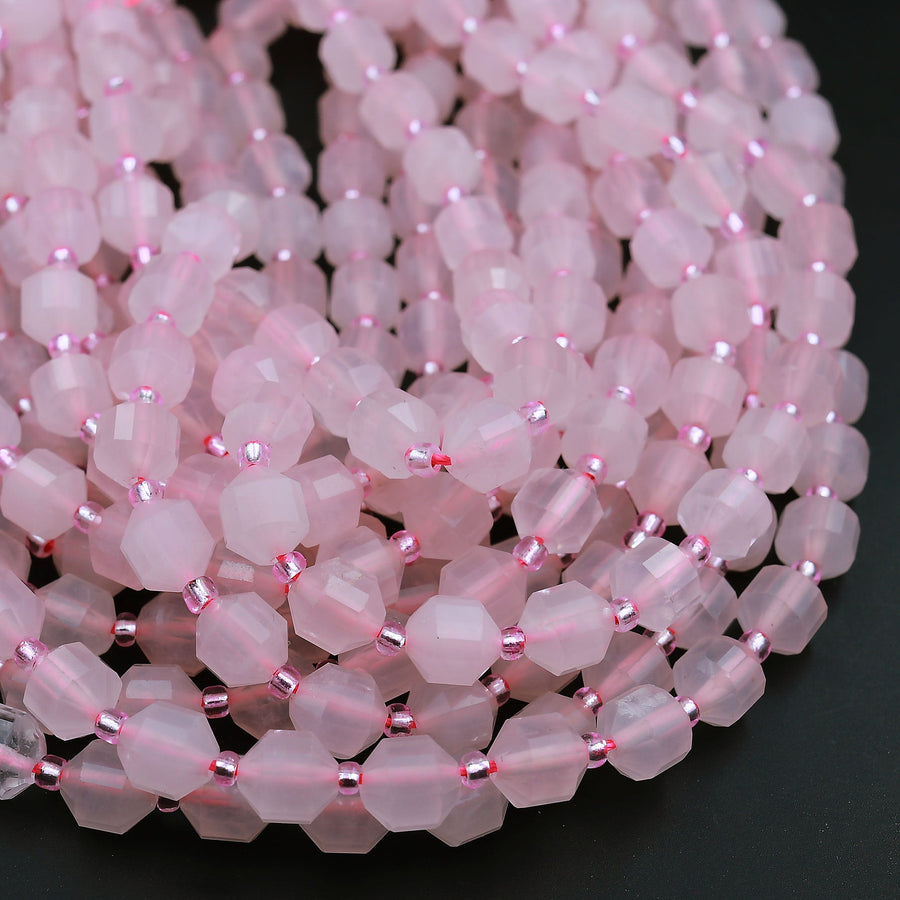 AAA Natural Pink Rose Quartz 8mm Beads Faceted Energy Prism Double Point Cut 15.5" Strand