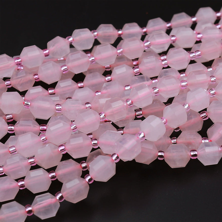 AAA Natural Pink Rose Quartz 8mm Beads Faceted Energy Prism Double Point Cut 15.5" Strand