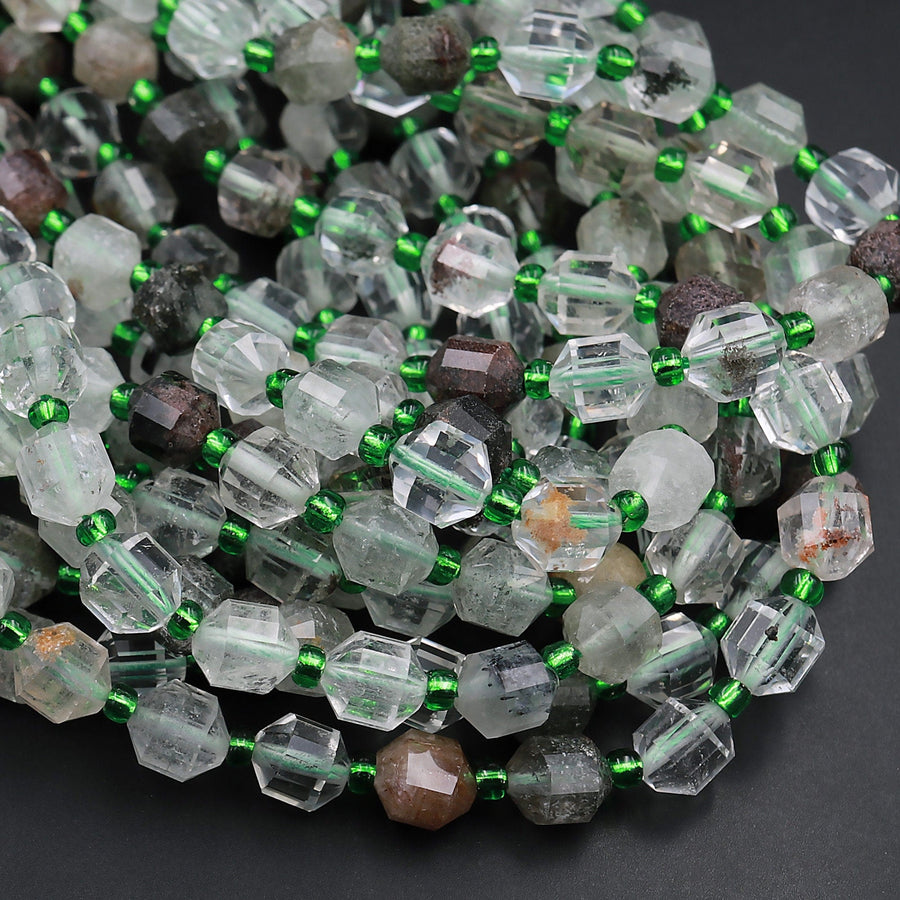 Natural Green Phantom Lodalite Quartz 8mm Beads Faceted Energy Prism Double Terminated Points 15.5" Strand