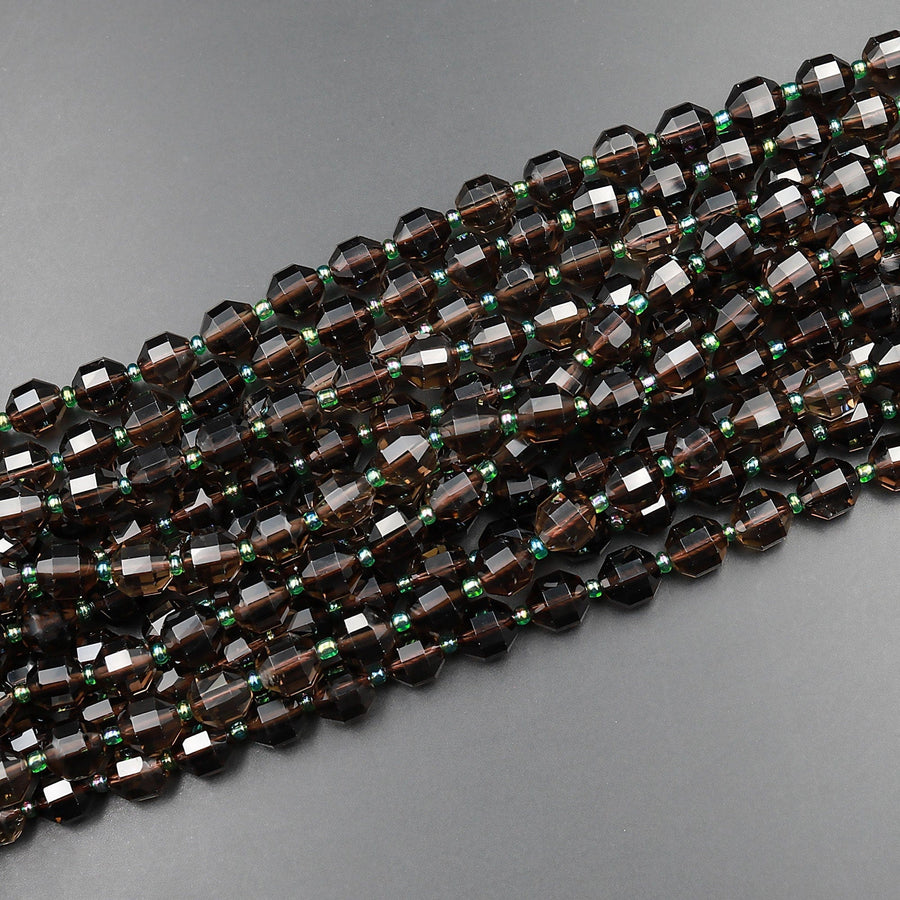 Natural Smoky Quartz 10mm Beads Faceted Energy Prism Double Terminated Points 15.5" Strand