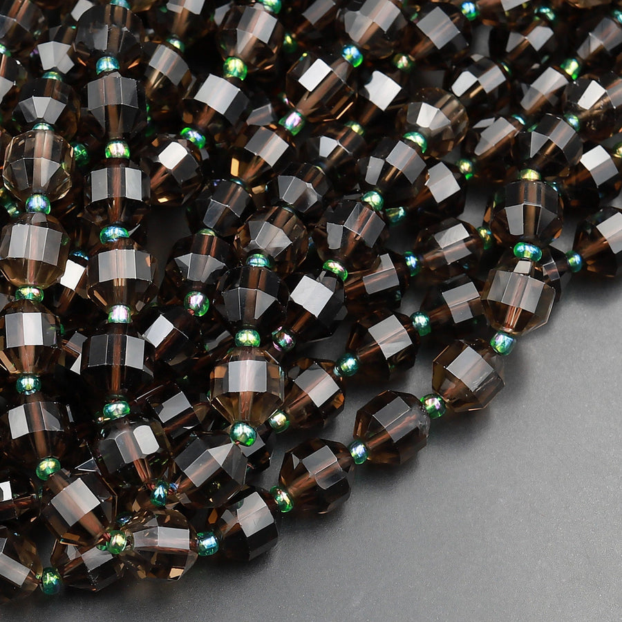 Natural Smoky Quartz 10mm Beads Faceted Energy Prism Double Terminated Points 15.5" Strand