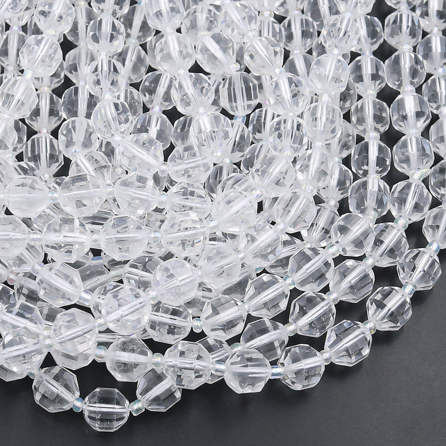 Faceted Natural Clear Rock Crystal Quartz 8mm 10mm Beads Energy Prism Double Terminated Point Cut 15.5" Strand