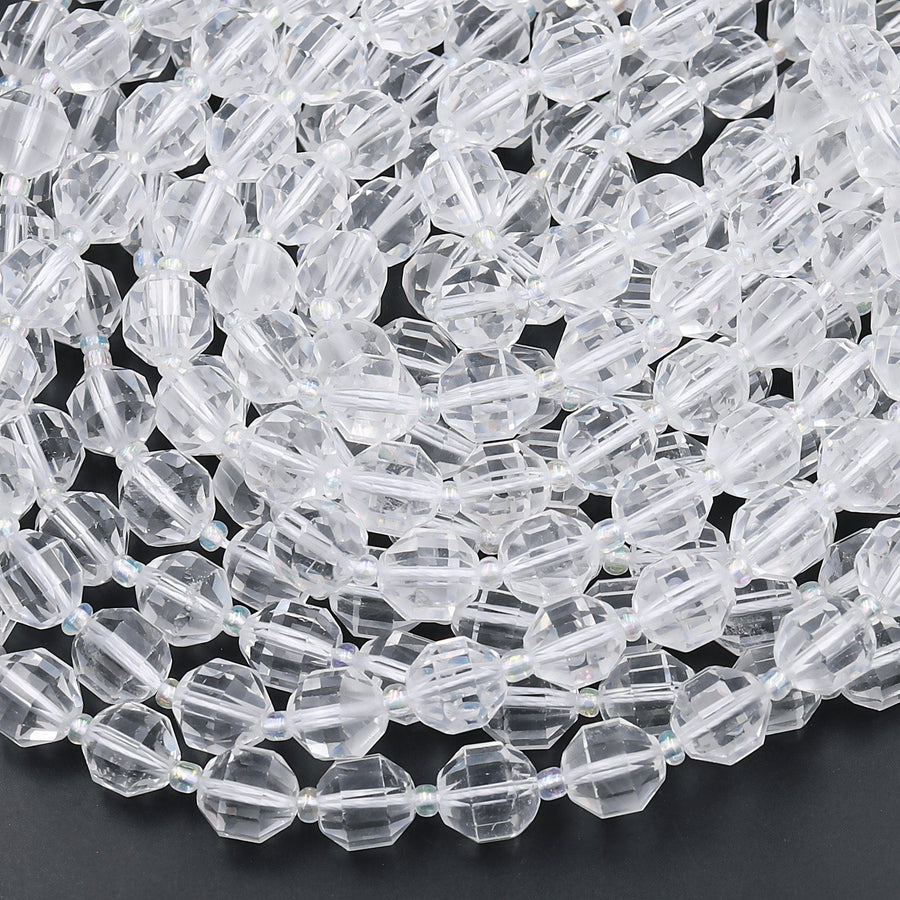 Faceted Natural Clear Rock Crystal Quartz 8mm 10mm Beads Energy Prism Double Terminated Point Cut 15.5" Strand