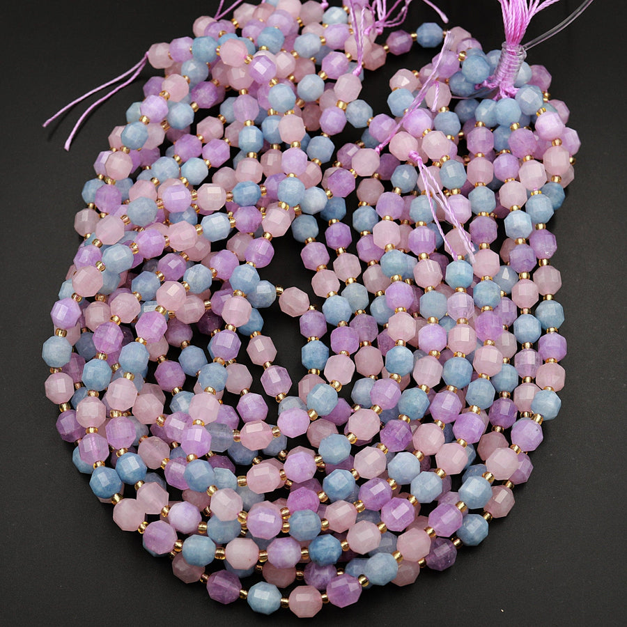 Natural Blue Aquamarine Pink Rose Quartz Violet Purple Amethyst 8mm Beads Energy Prism Double Point Cut 15.5" Strand