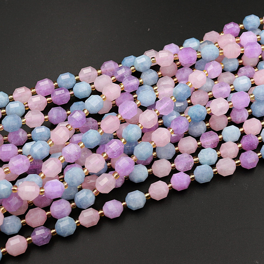 Natural Blue Aquamarine Pink Rose Quartz Violet Purple Amethyst 8mm Beads Energy Prism Double Point Cut 15.5" Strand