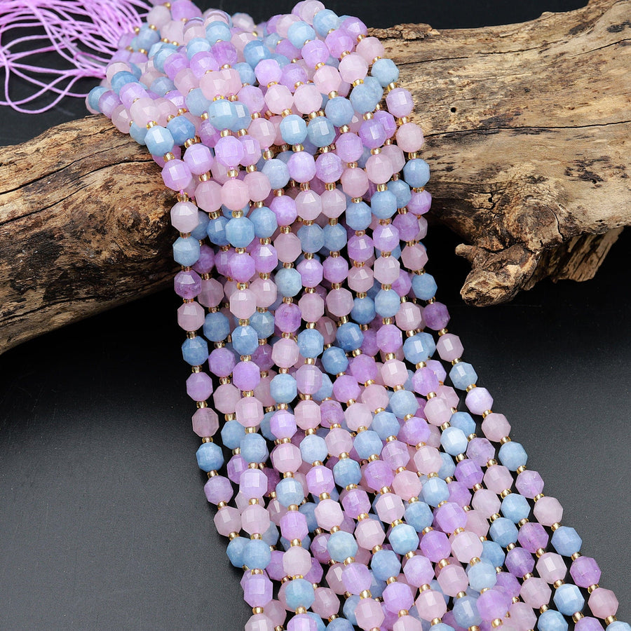 Natural Blue Aquamarine Pink Rose Quartz Violet Purple Amethyst 8mm Beads Energy Prism Double Point Cut 15.5" Strand