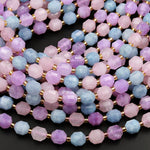 Natural Blue Aquamarine Pink Rose Quartz Violet Purple Amethyst 8mm Beads Energy Prism Double Point Cut 15.5" Strand