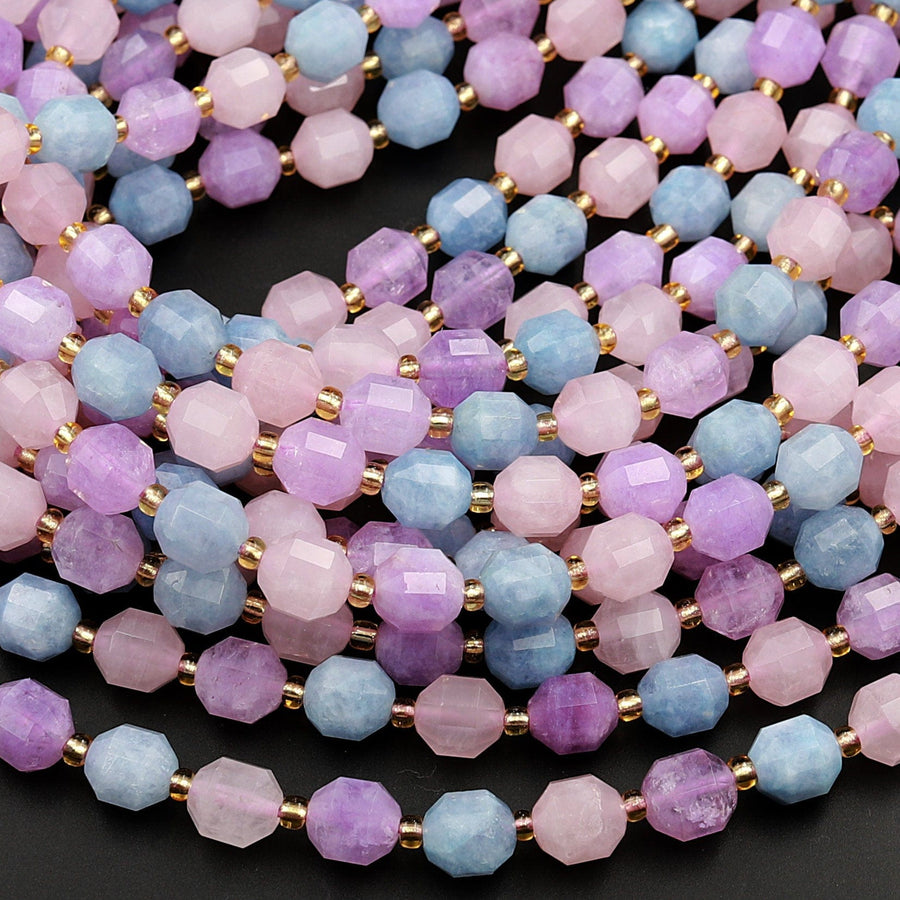 Natural Blue Aquamarine Pink Rose Quartz Violet Purple Amethyst 8mm Beads Energy Prism Double Point Cut 15.5" Strand