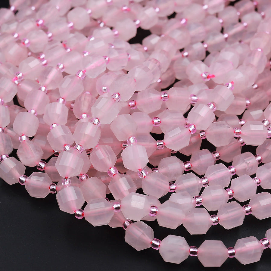 AAA Natural Pink Rose Quartz 8mm Beads Faceted Energy Prism Double Point Cut 15.5" Strand