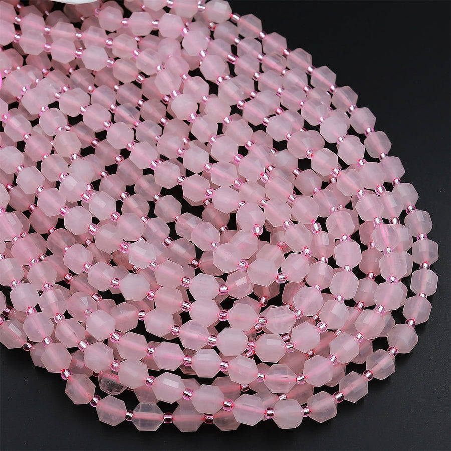 AAA Natural Pink Rose Quartz 8mm Beads Faceted Energy Prism Double Point Cut 15.5" Strand