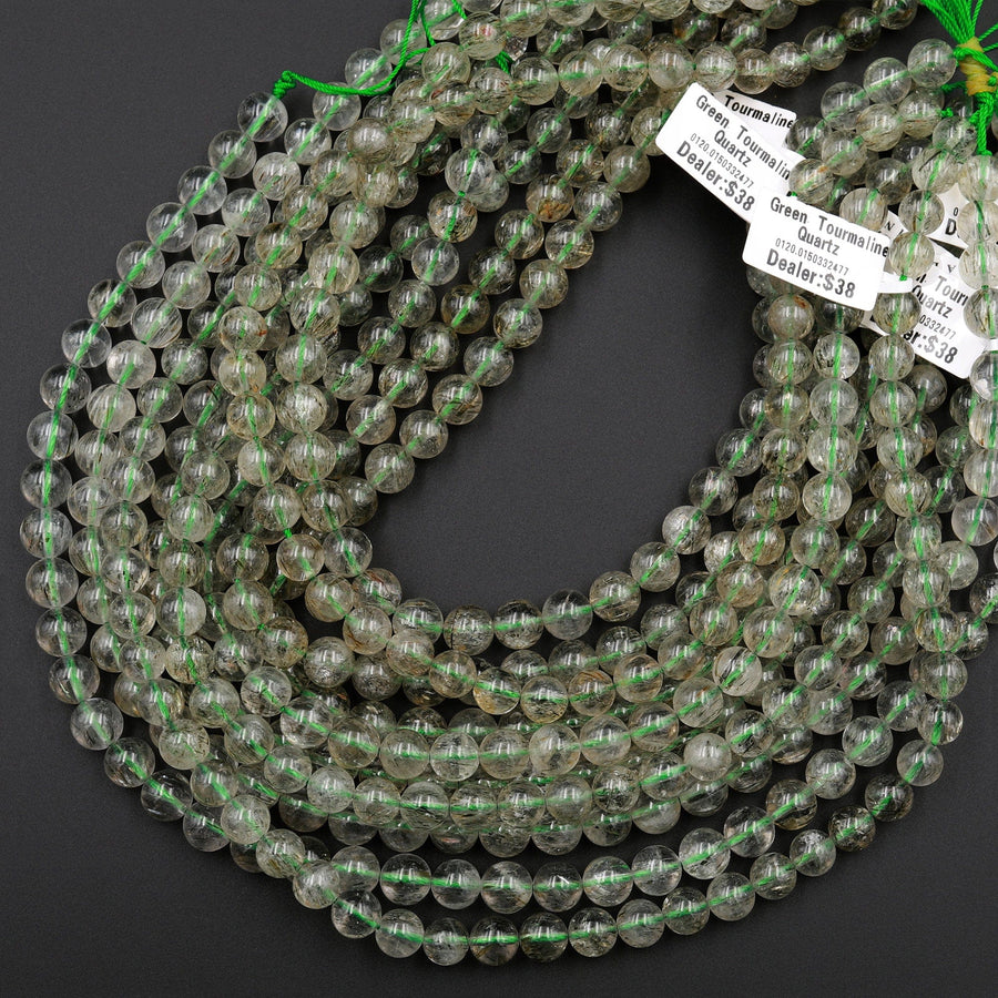 Natural Green Tourmaline Rutile Quartz Beads Smooth Round 8mm 10mm 12mm Real Genuine Tourmaline Gemstone 15.5" Strand