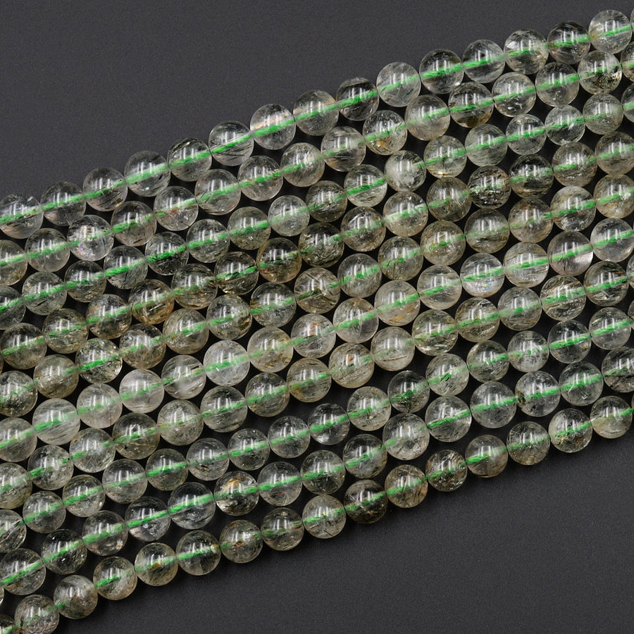Natural Green Tourmaline Rutile Quartz Beads Smooth Round 8mm 10mm 12mm Real Genuine Tourmaline Gemstone 15.5" Strand