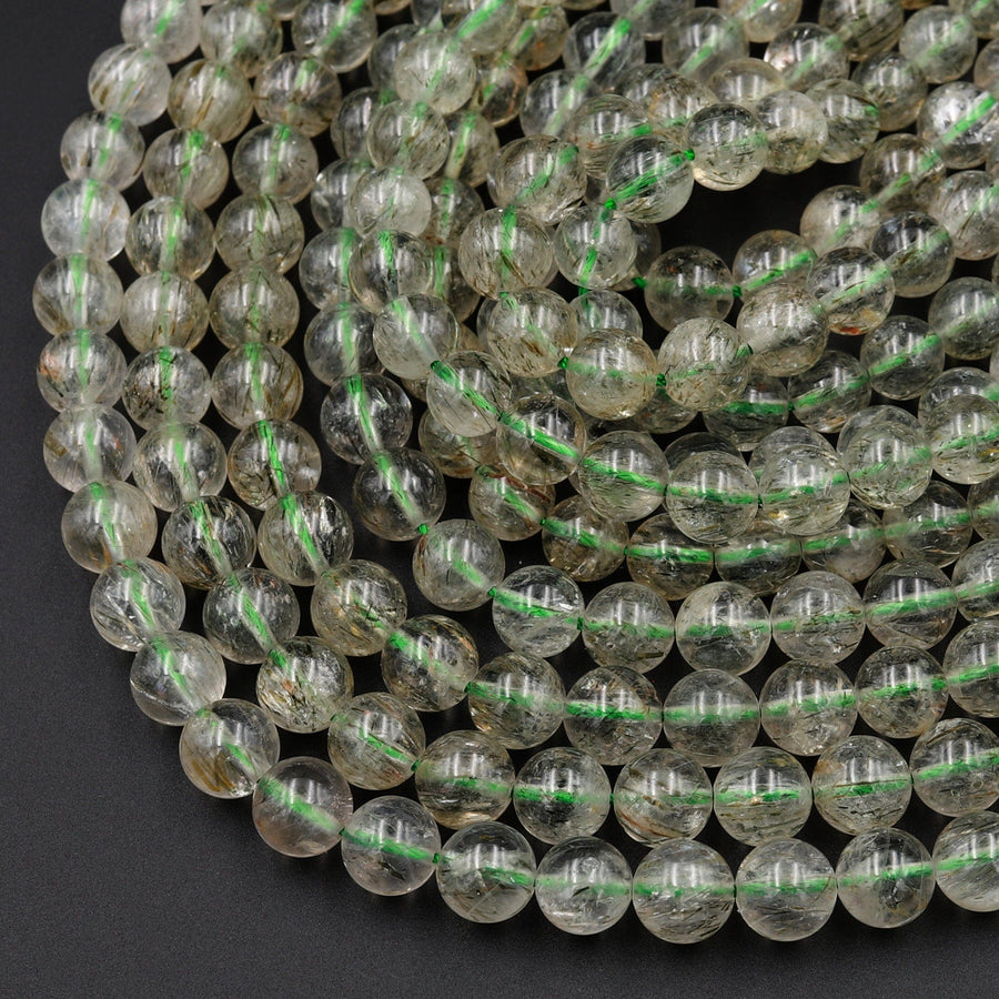 Natural Green Tourmaline Rutile Quartz Beads Smooth Round 8mm 10mm 12mm Real Genuine Tourmaline Gemstone 15.5" Strand