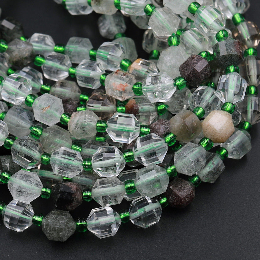 Natural Green Phantom Lodalite Quartz 8mm Beads Faceted Energy Prism Double Terminated Points 15.5" Strand