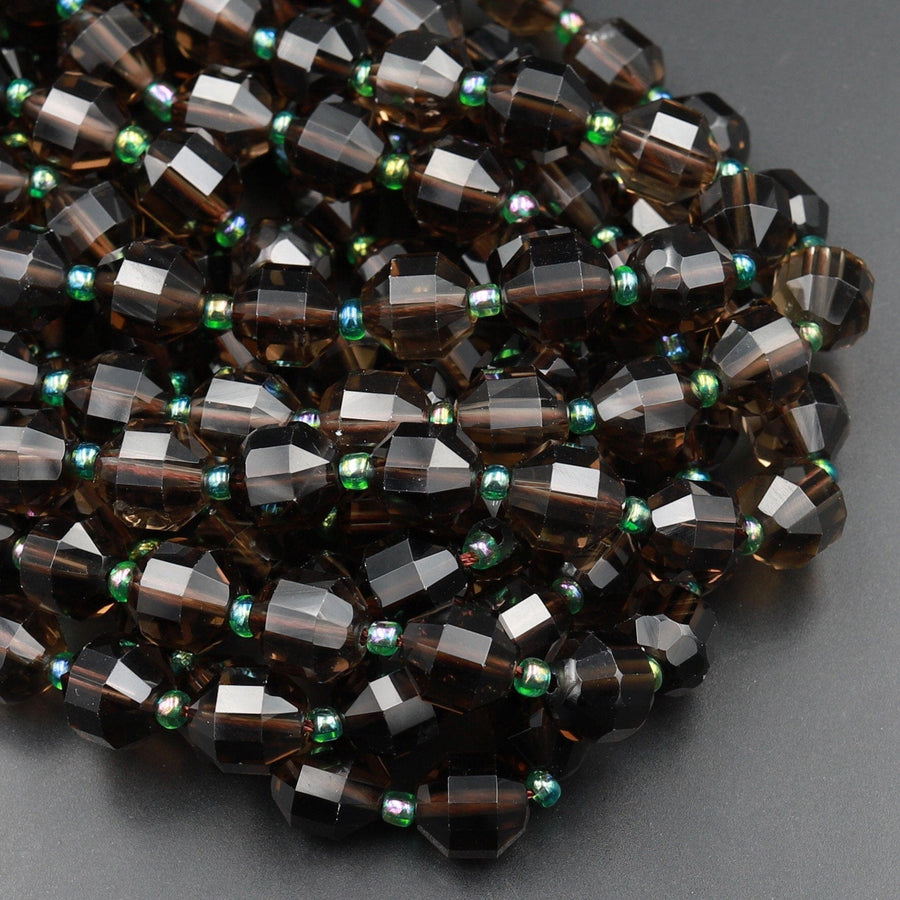 Natural Smoky Quartz 10mm Beads Faceted Energy Prism Double Terminated Points 15.5" Strand