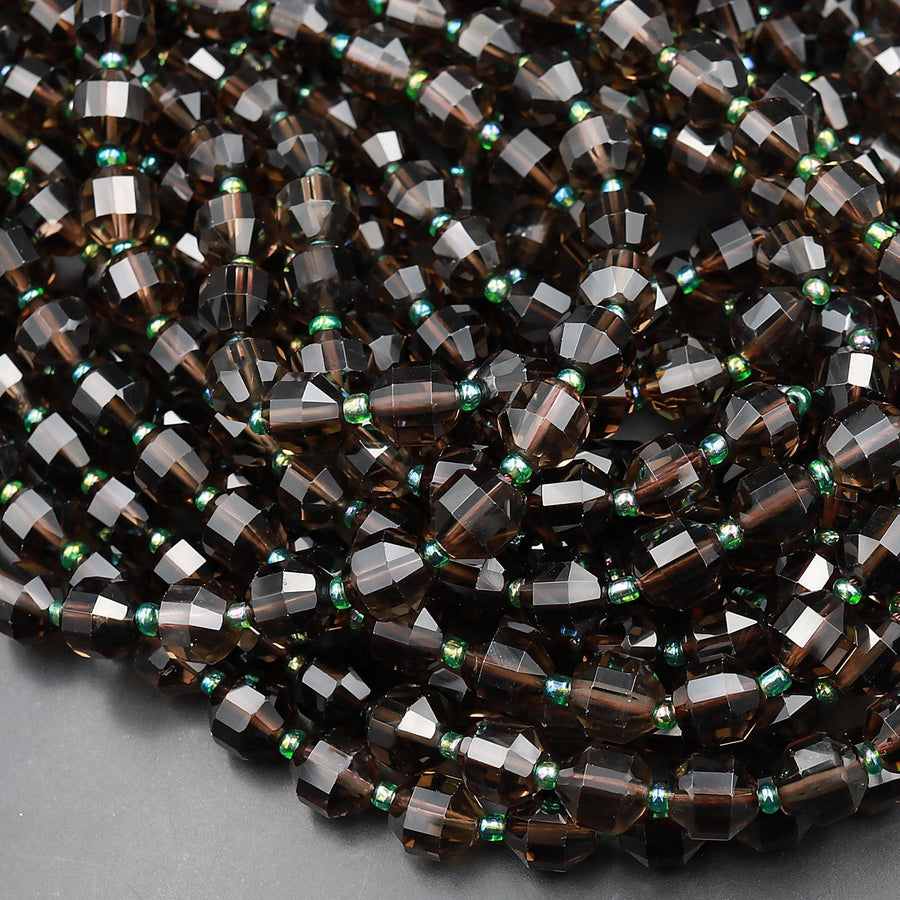 Natural Smoky Quartz 10mm Beads Faceted Energy Prism Double Terminated Points 15.5" Strand