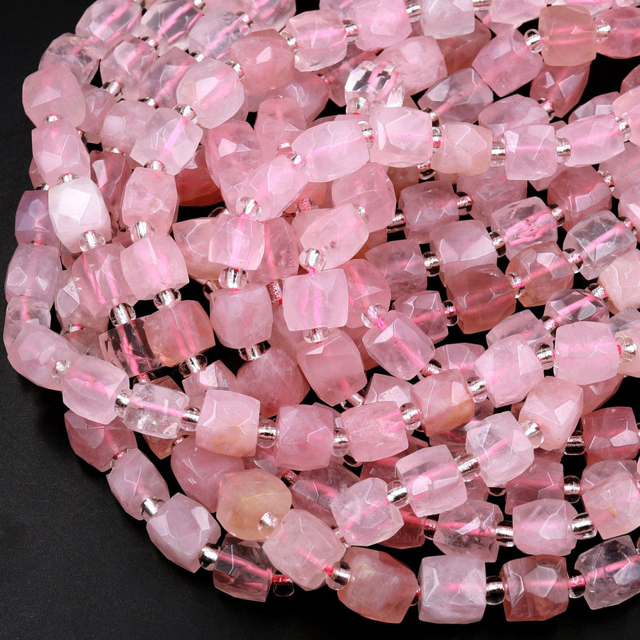 Natural Pink Rose Quartz 8mm Faceted Cube Beads Dice Square 15.5" Strand