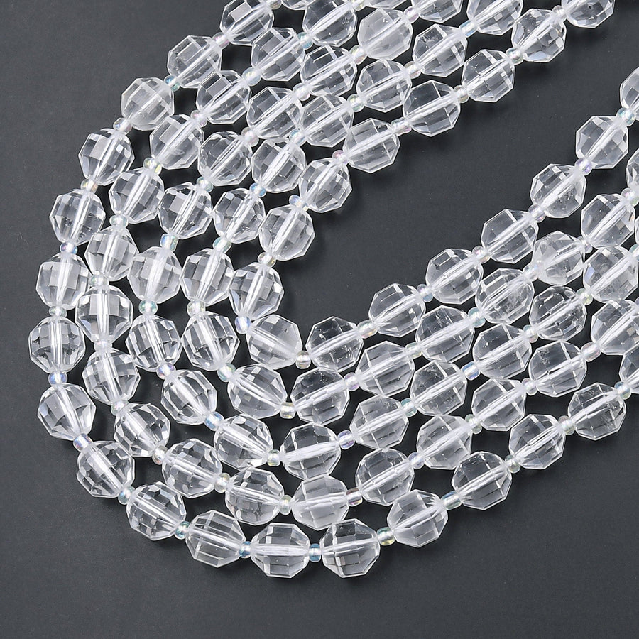 Faceted Natural Clear Rock Crystal Quartz 8mm 10mm Beads Energy Prism Double Terminated Point Cut 15.5" Strand