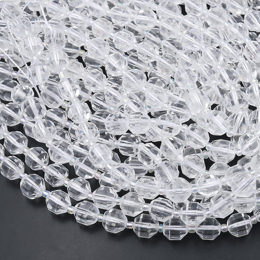 Faceted Natural Clear Rock Crystal Quartz 8mm 10mm Beads Energy Prism Double Terminated Point Cut 15.5" Strand