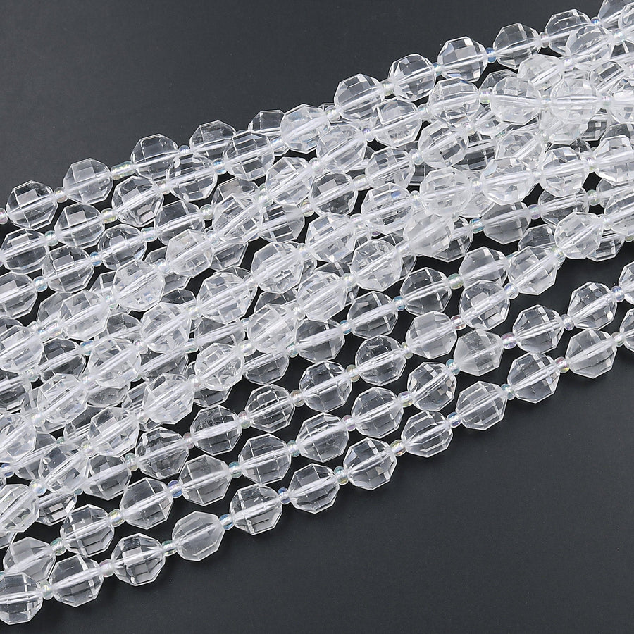 Faceted Natural Clear Rock Crystal Quartz 8mm 10mm Beads Energy Prism Double Terminated Point Cut 15.5" Strand