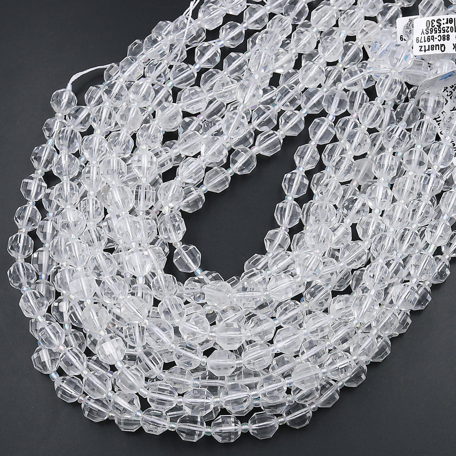 Faceted Natural Clear Rock Crystal Quartz 8mm 10mm Beads Energy Prism Double Terminated Point Cut 15.5" Strand
