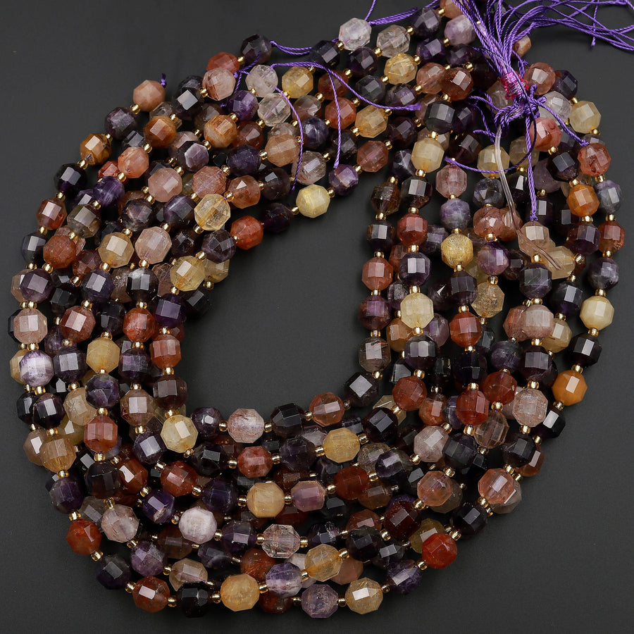 AAA Natural Purple Amethyst Golden Red Rutile Quartz 10mm Beads Faceted Energy Prism Double Point Cut 15.5" Strand