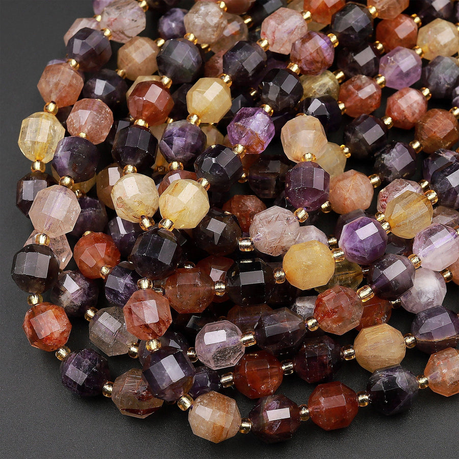 AAA Natural Purple Amethyst Golden Red Rutile Quartz 10mm Beads Faceted Energy Prism Double Point Cut 15.5" Strand