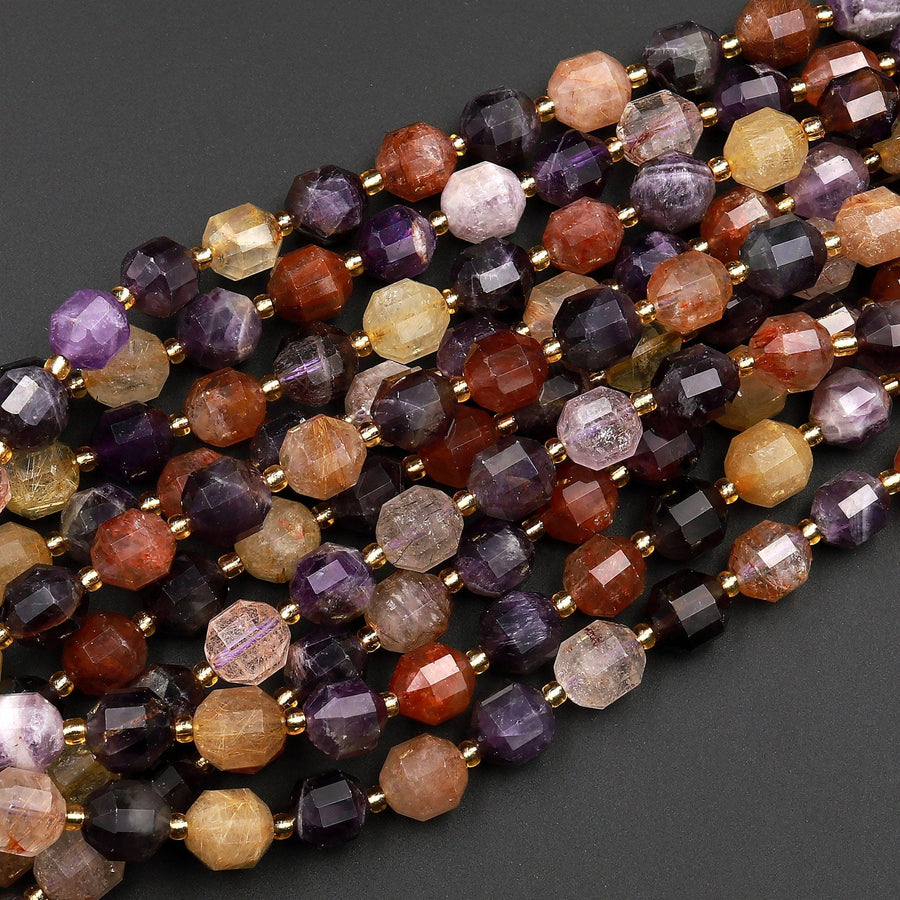 AAA Natural Purple Amethyst Golden Red Rutile Quartz 10mm Beads Faceted Energy Prism Double Point Cut 15.5" Strand