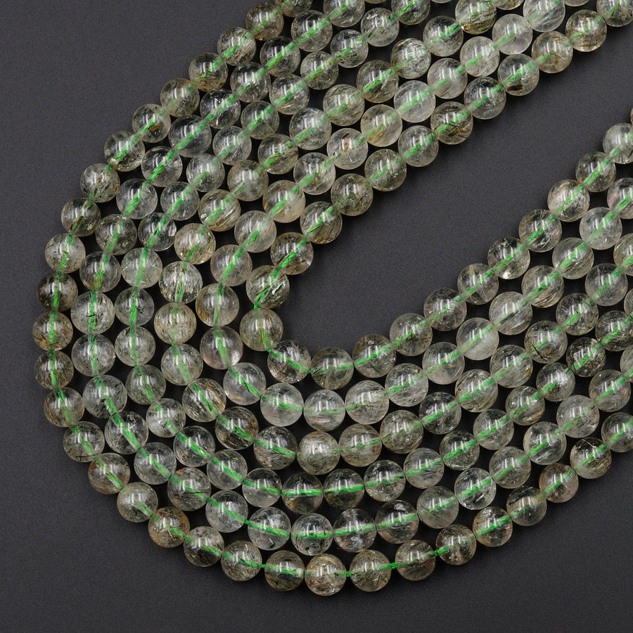 Natural Green Tourmaline Rutile Quartz Beads Smooth Round 8mm 10mm 12mm Real Genuine Tourmaline Gemstone 15.5" Strand