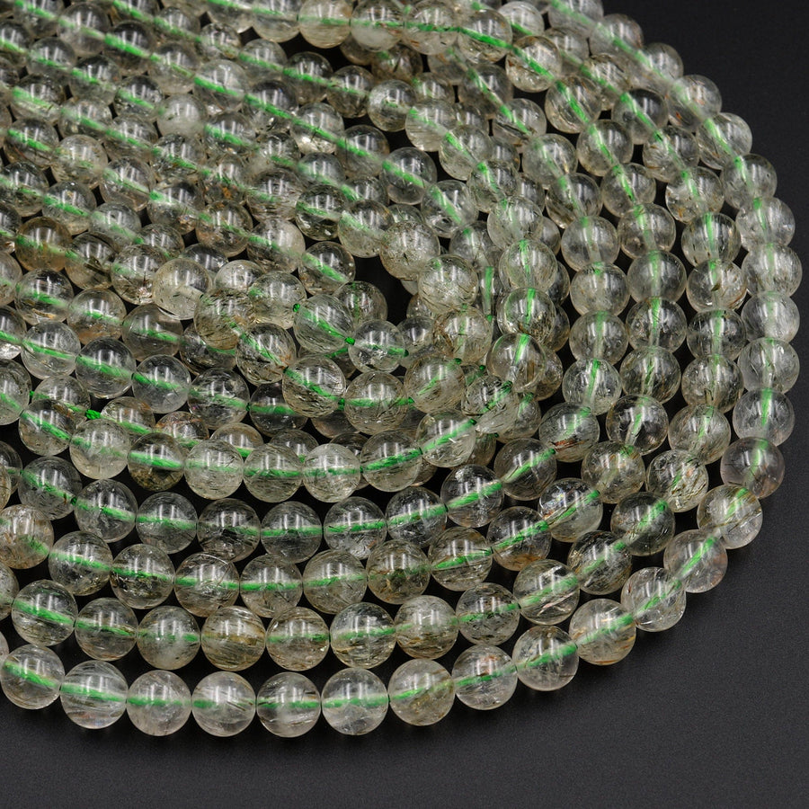 Natural Green Tourmaline Rutile Quartz Beads Smooth Round 8mm 10mm 12mm Real Genuine Tourmaline Gemstone 15.5" Strand