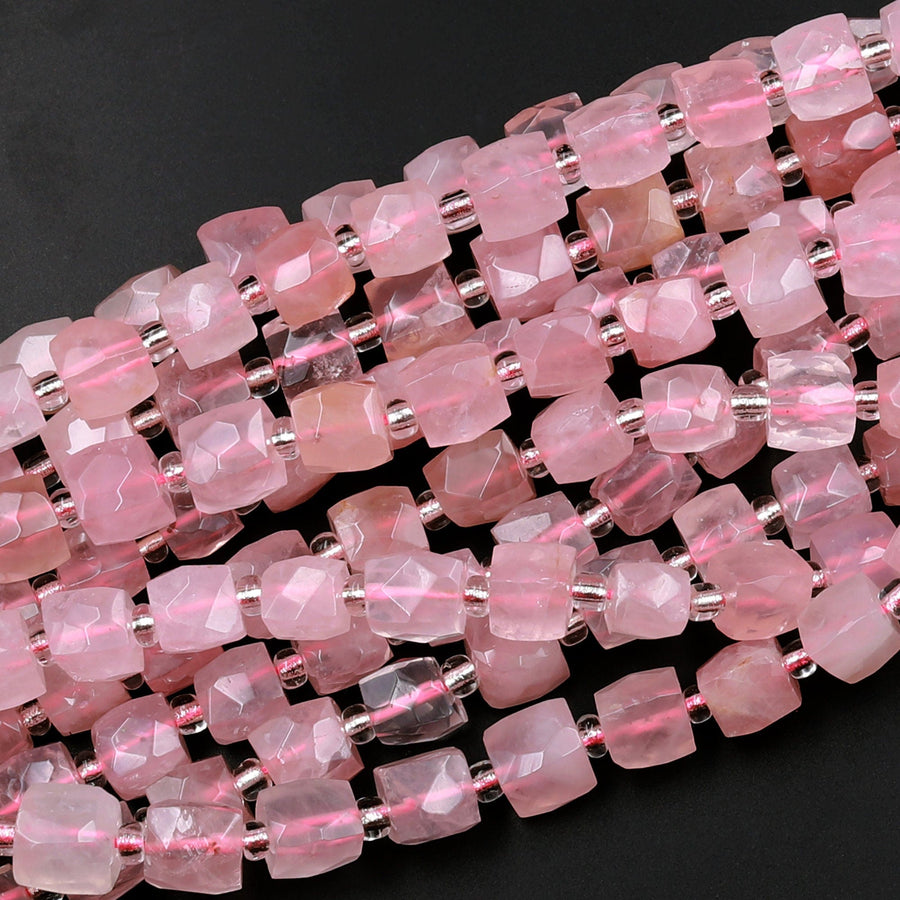 Natural Pink Rose Quartz 8mm Faceted Cube Beads Dice Square 15.5" Strand