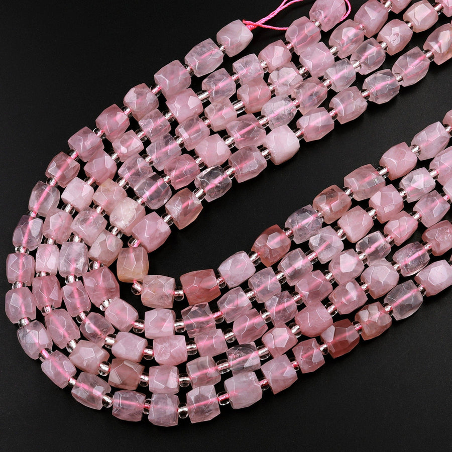 Natural Pink Rose Quartz 8mm Faceted Cube Beads Dice Square 15.5" Strand