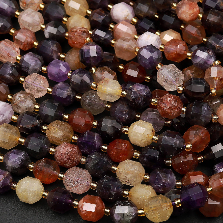 AAA Natural Purple Amethyst Golden Red Rutile Quartz 10mm Beads Faceted Energy Prism Double Point Cut 15.5" Strand