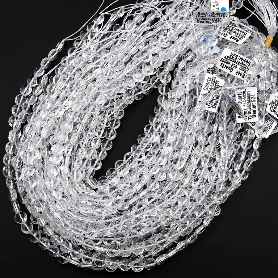AAA Super Clear Real Genuine Natural Rock Crystal Quartz 6mm 8mm Faceted Coin Beads 15.5" Strand