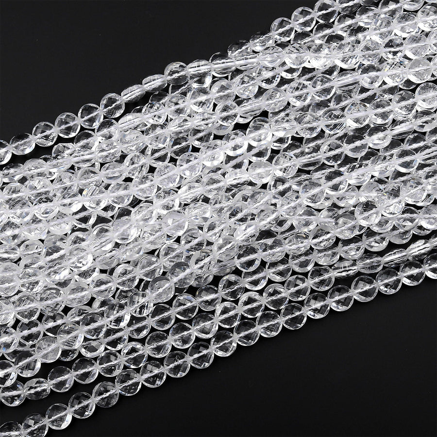AAA Super Clear Real Genuine Natural Rock Crystal Quartz 6mm 8mm Faceted Coin Beads 15.5" Strand