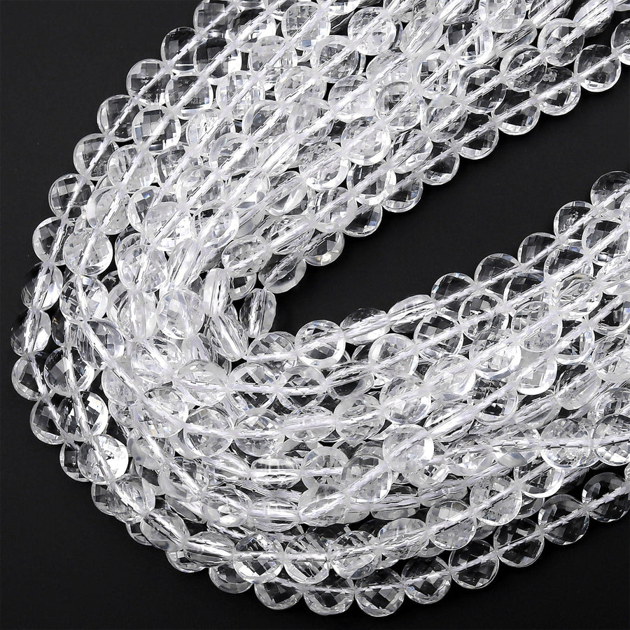 AAA Super Clear Real Genuine Natural Rock Crystal Quartz 6mm 8mm Faceted Coin Beads 15.5" Strand