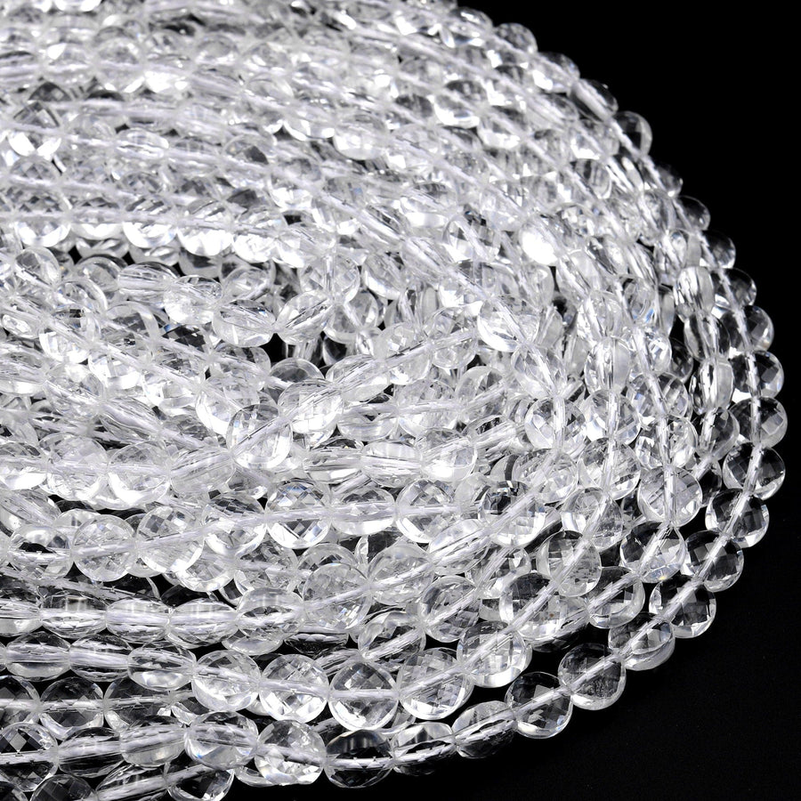 AAA Super Clear Real Genuine Natural Rock Crystal Quartz 6mm 8mm Faceted Coin Beads 15.5" Strand