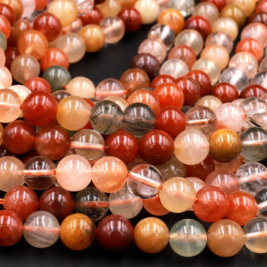 Natural Red Yellow Green Phantom Rutile Quartz 6mm 8mm 10mm Round Beads Multi Color Quartz Crystal Gemstone 15.5" Strand