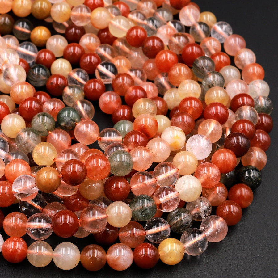 Natural Red Yellow Green Phantom Rutile Quartz 6mm 8mm 10mm Round Beads Multi Color Quartz Crystal Gemstone 15.5" Strand